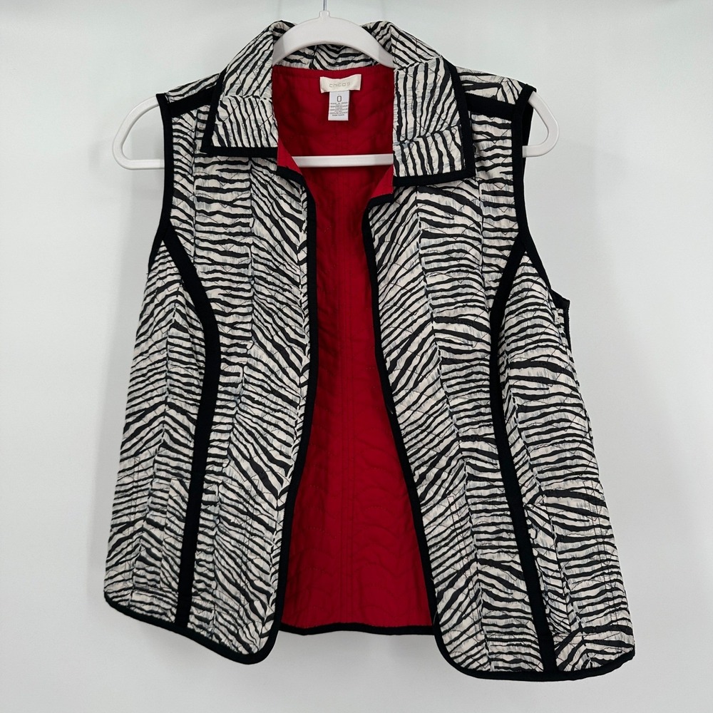 Chicos Womens Quilted Zebra Animal Print Vest Sz 0 US S Maximalist Bold Eclectic